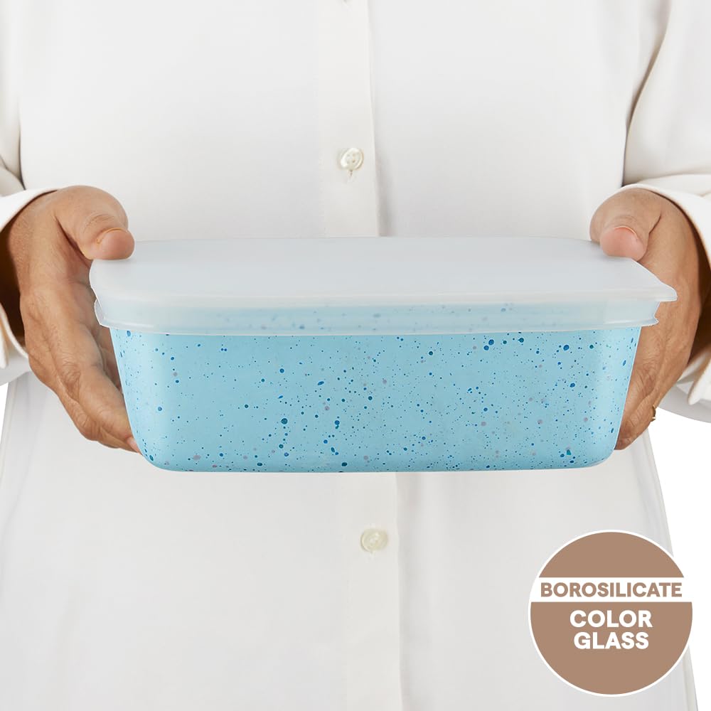 Borosil 800 mL Blue Baking & Serving Dish with Lid | Borosilicate Glass Square Shape Bakeware and Serveware Casserole Dish Tray | Microwave, Oven & Dishwasher Safe Bowl BGFGBDSH0014