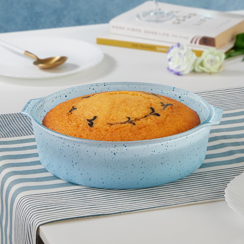 Borosil 1.2 L Baking & Serving Cake Dish with Handle | Borosilicate Glass Round Shape Bakeware and Serveware Casserole Dish Tray | Microwave, Oven & Dishwasher Safe Bowl  BGFGBDSH0007
