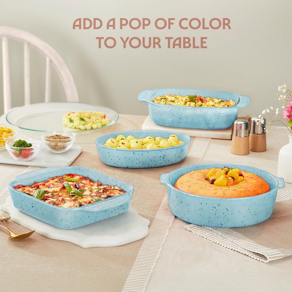 Borosil 1.2 L Baking & Serving Cake Dish with Handle | Borosilicate Glass Round Shape Bakeware and Serveware Casserole Dish Tray | Microwave, Oven & Dishwasher Safe Bowl  BGFGBDSH0007