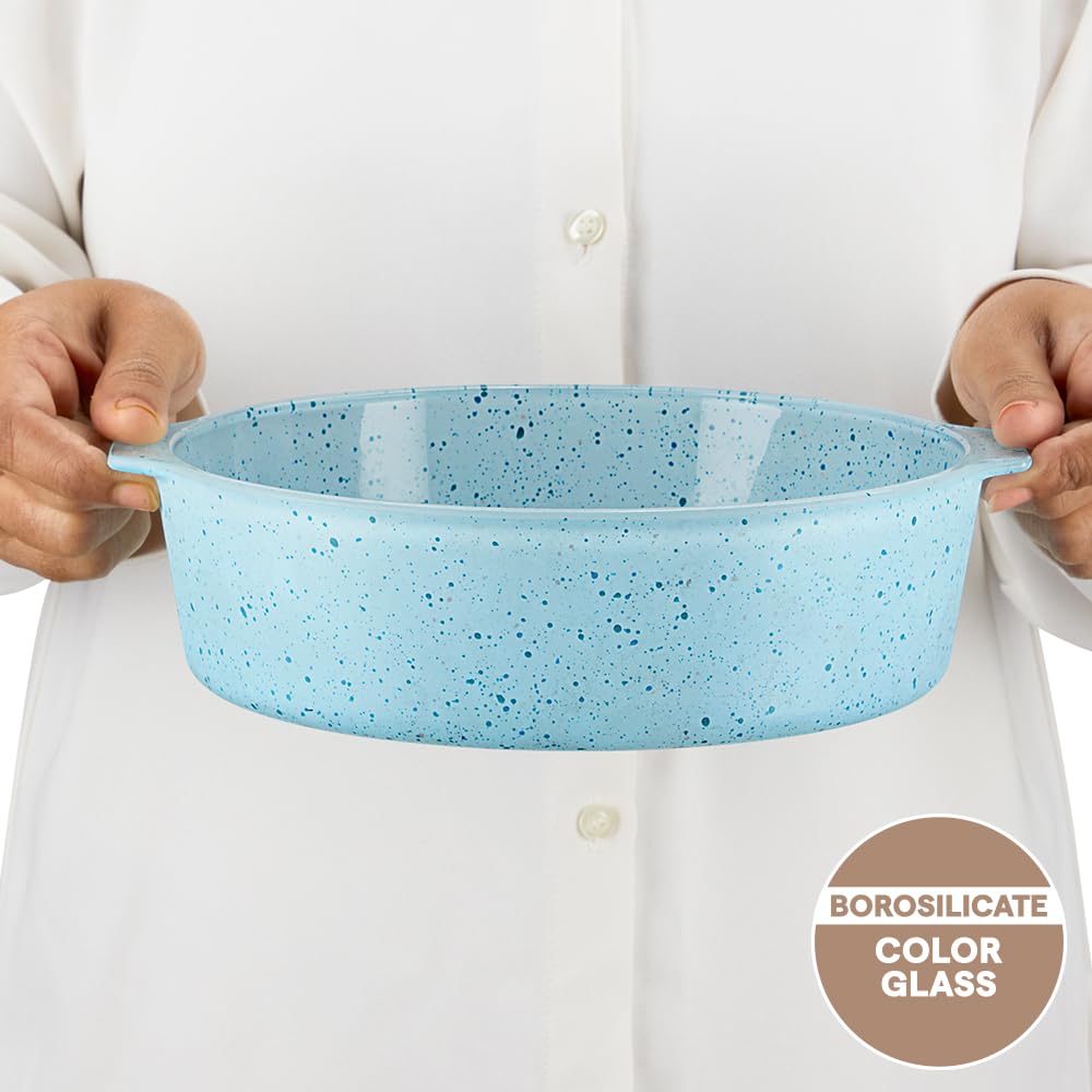 Borosil 1.2 L Baking & Serving Cake Dish with Handle | Borosilicate Glass Round Shape Bakeware and Serveware Casserole Dish Tray | Microwave, Oven & Dishwasher Safe Bowl  BGFGBDSH0007