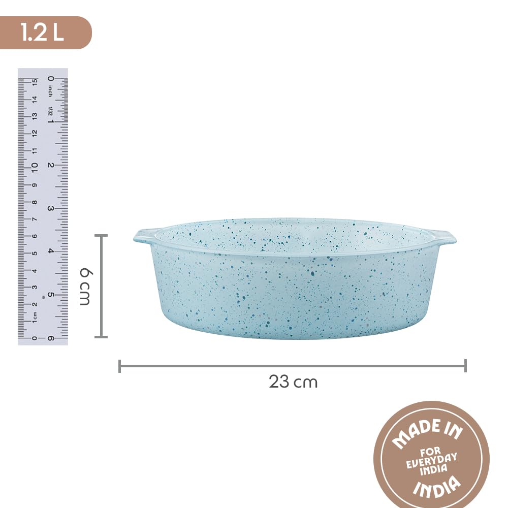 Borosil 1.2 L Baking & Serving Cake Dish with Handle | Borosilicate Glass Round Shape Bakeware and Serveware Casserole Dish Tray | Microwave, Oven & Dishwasher Safe Bowl  BGFGBDSH0007