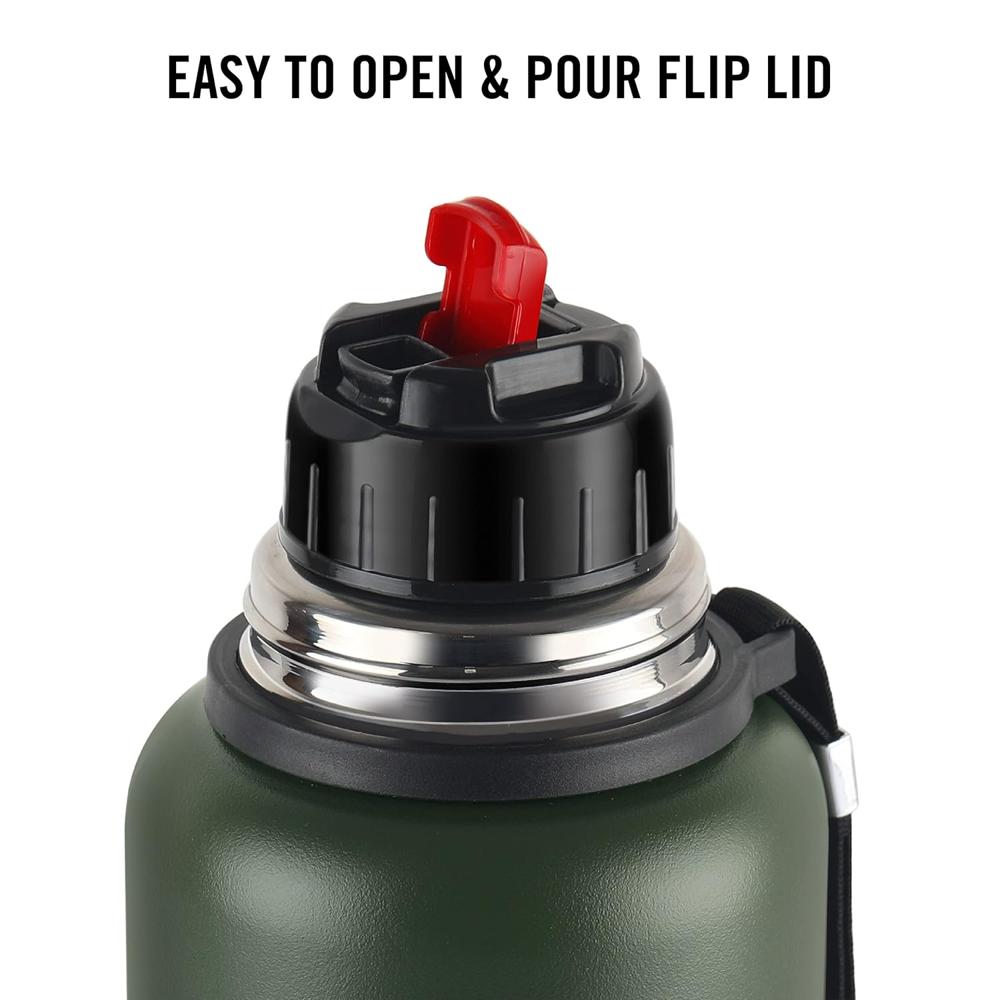 Cello Duro Tuff Steel Series Flip Flask with Jacket | Hot and Cold Stainless Steel Water Bottle | Durable DTP Coating |Vacuum Insulated Bottle for Travel, Home, Office, School | 1000 ml, Green