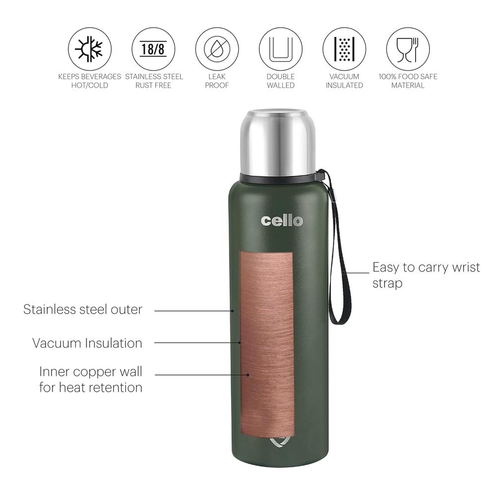 Cello Duro Tuff Steel Series Flip Flask with Jacket | Hot and Cold Stainless Steel Water Bottle | Durable DTP Coating |Vacuum Insulated Bottle for Travel, Home, Office, School | 1000 ml, Green