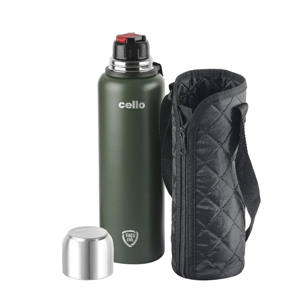 Cello Duro Tuff Steel Series Flip Flask with Jacket | Hot and Cold Stainless Steel Water Bottle | Durable DTP Coating |Vacuum Insulated Bottle for Travel, Home, Office, School | 1000 ml, Green