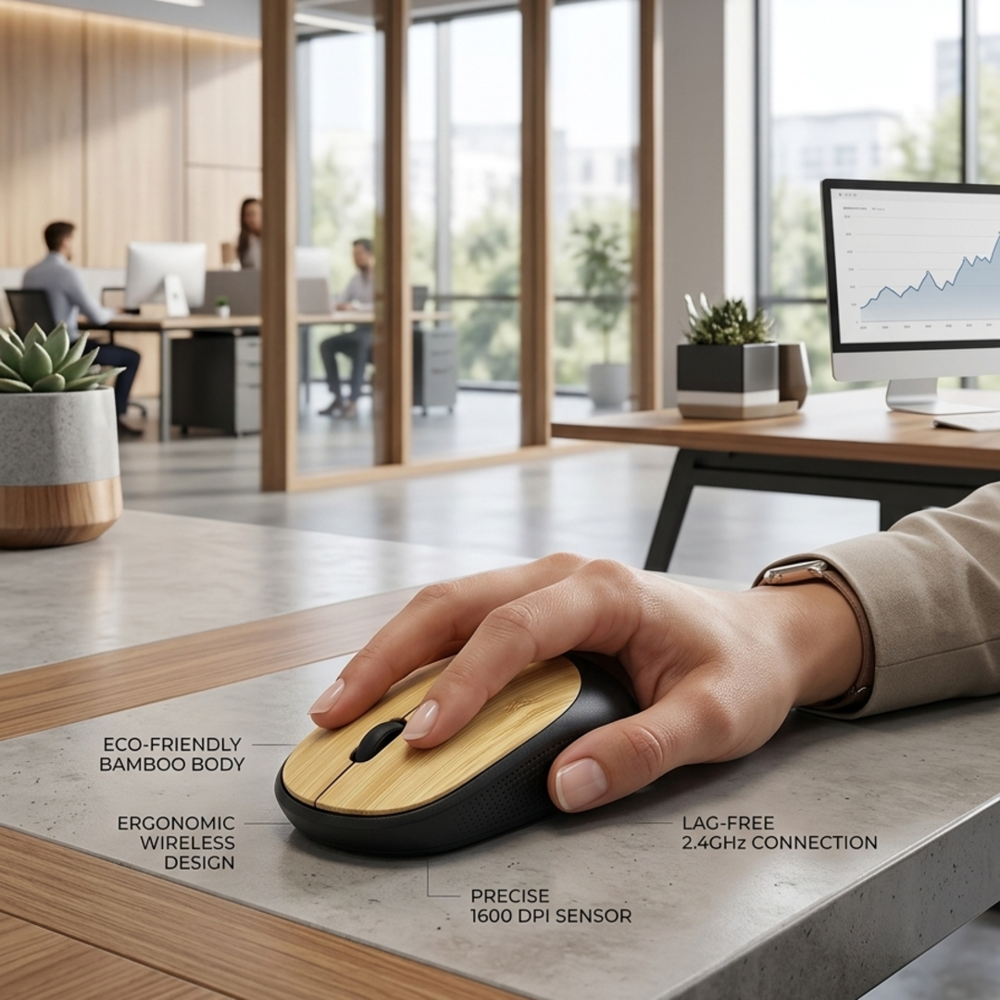 Premium Bamboo Finish Ergonomic Wireless Mouse