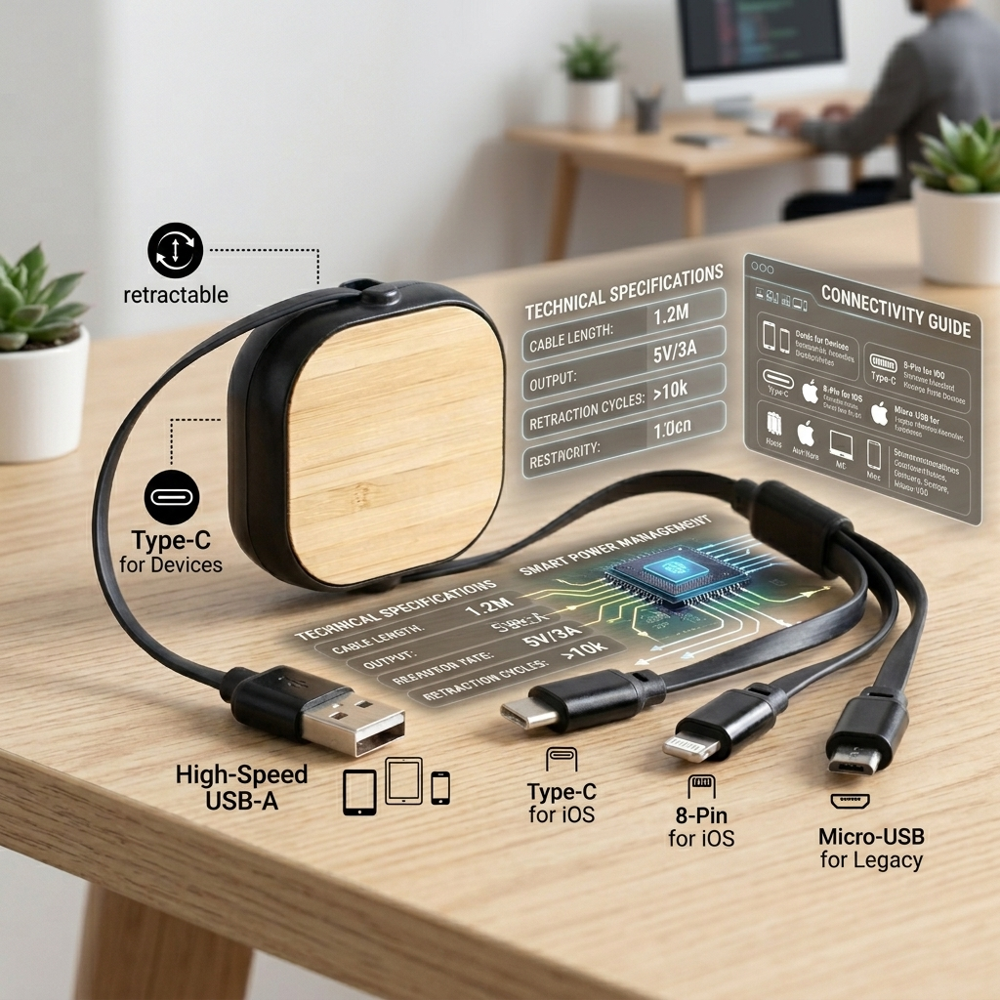Premium Bamboo Finish 3-In-1 Retractable Fast Charging Cable With Universal Multi Connectors For Corporate Gifting - Bluetooth Version: Not Applicable