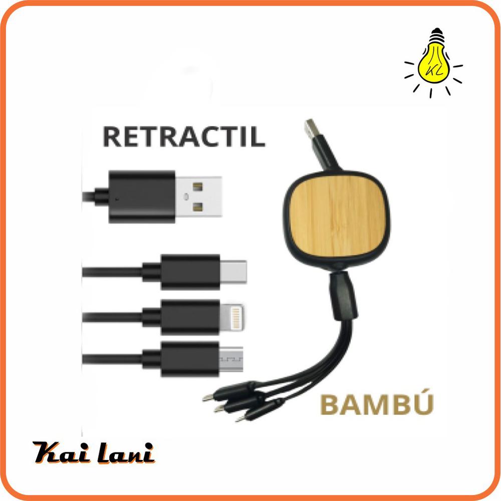 Premium Bamboo Finish 3-in-1 Retractable Fast Charging Cable