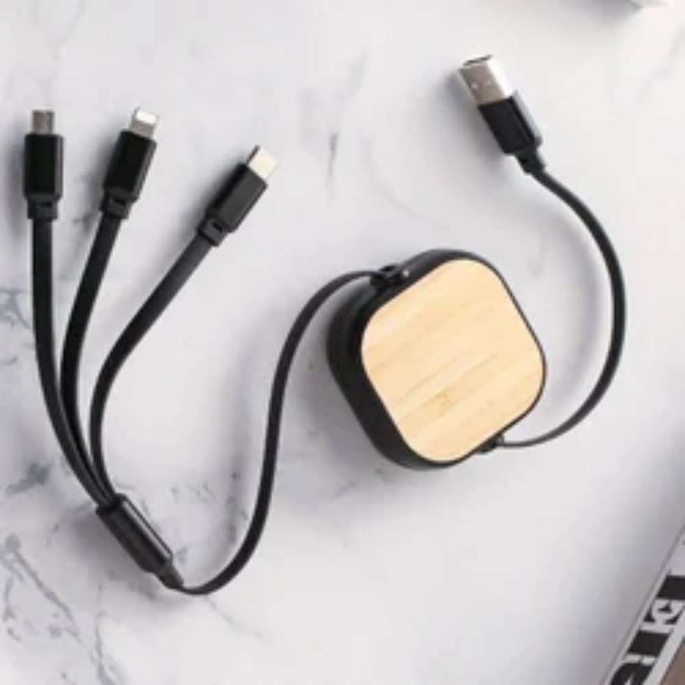 Premium Bamboo Finish 3-in-1 Retractable Fast Charging Cable