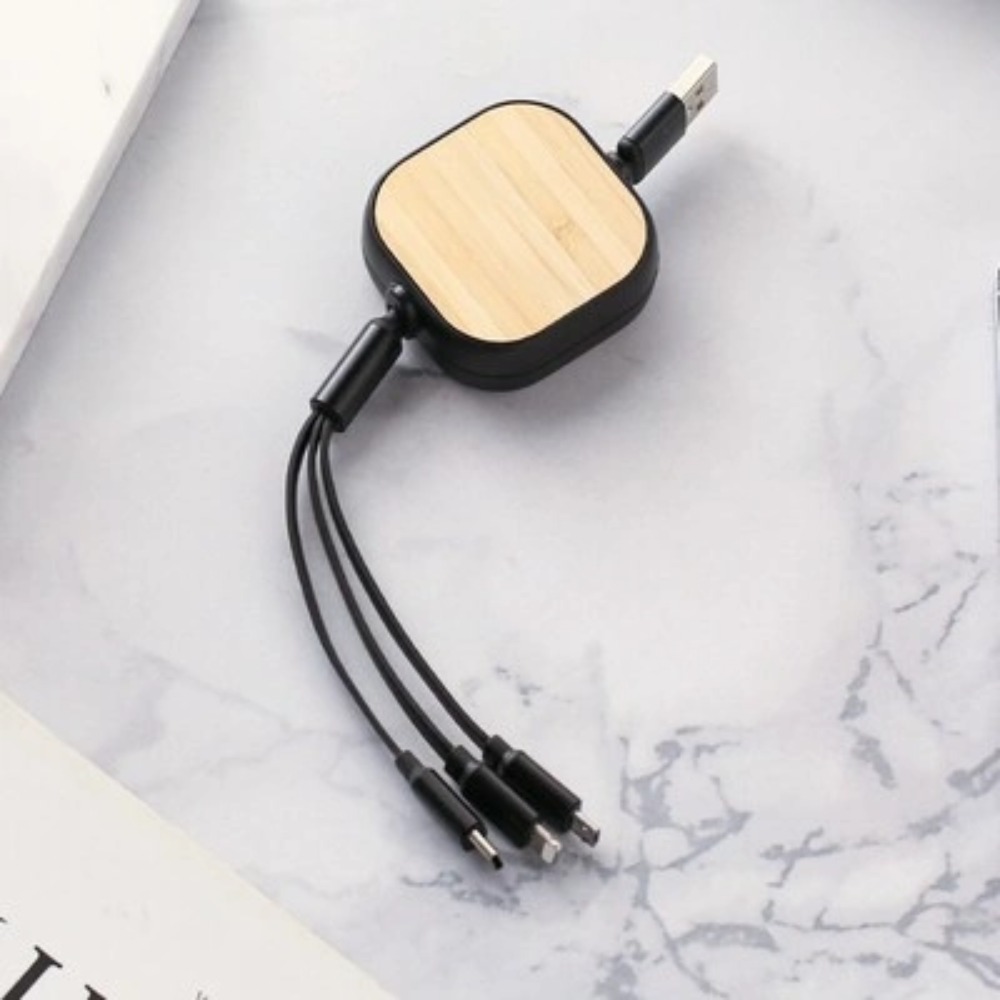 Premium Bamboo Finish 3-in-1 Retractable Fast Charging Cable