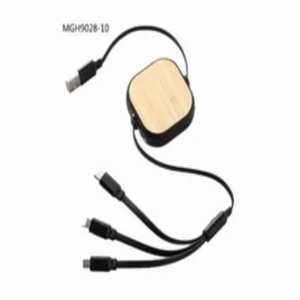 Premium Bamboo Finish 3-in-1 Retractable Fast Charging Cable