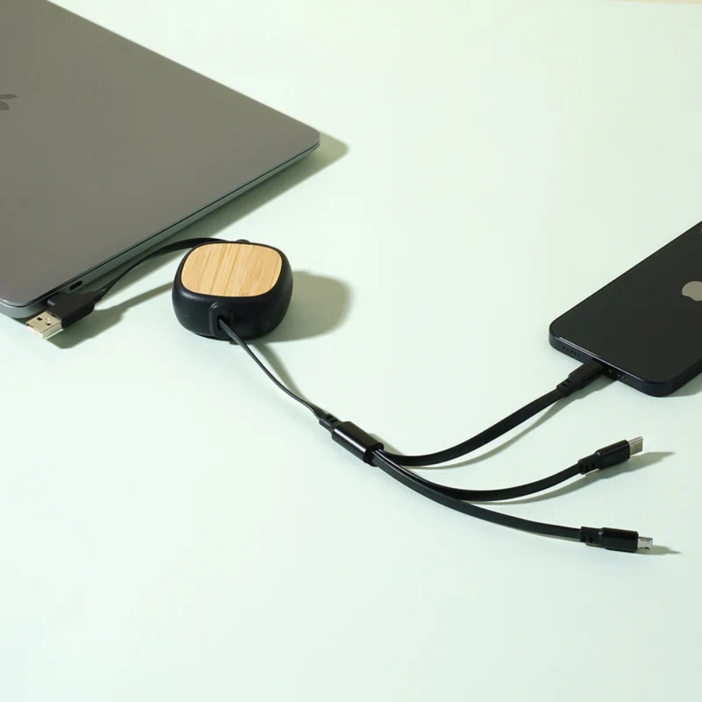 Premium Bamboo Finish 3-in-1 Retractable Fast Charging Cable