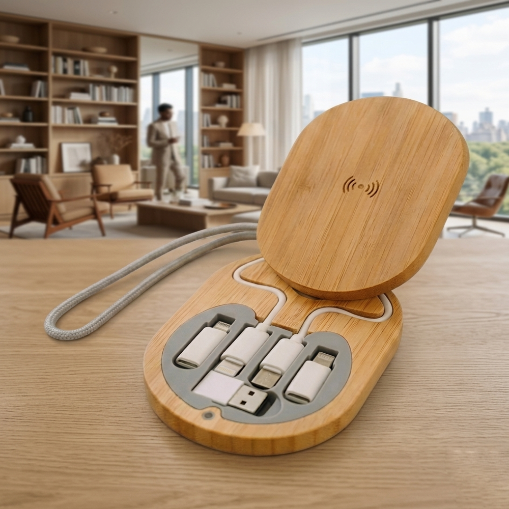 Premium Bamboo Wireless Charging Station & 3-in-1 Multi-connector Cable Storage Kit - Battery Backup: Not Applicable Hours