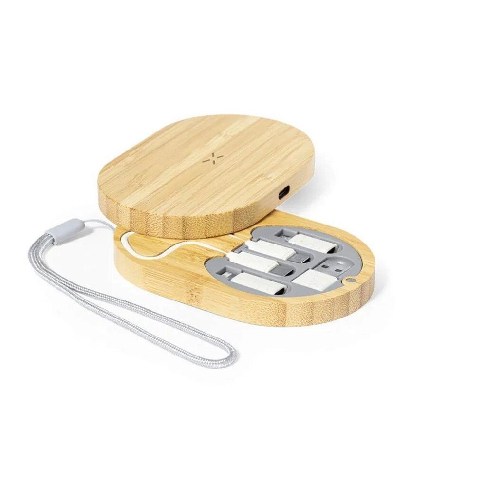 Premium Bamboo Wireless Charging Station & 3-in-1 Multi-Connector Cable Storage Kit