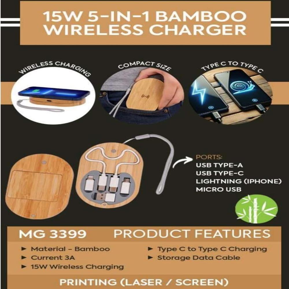 Premium Bamboo Wireless Charging Station & 3-in-1 Multi-Connector Cable Storage Kit