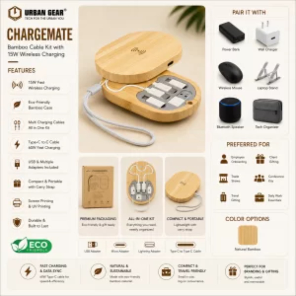 Premium Bamboo Wireless Charging Station & 3-in-1 Multi-Connector Cable Storage Kit