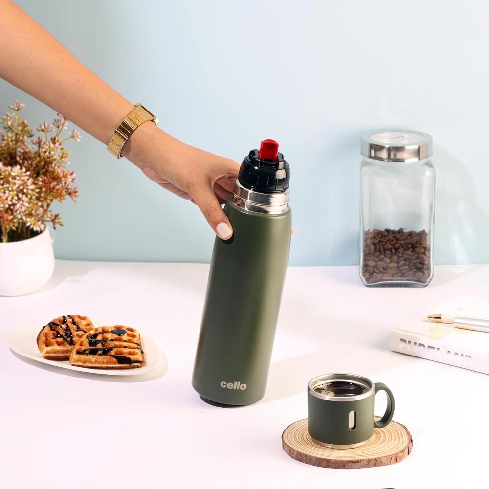 CELLO Duro Cup Style Thermosteel Flask, 500ml, Military Green | 24 Hours Hot & Cold Bottle | Dual Purpose Cup & Cap| Flask for tea coffee | Ideal For Office, Gym, Home, Kitchen,Trekking, Travel Bottle