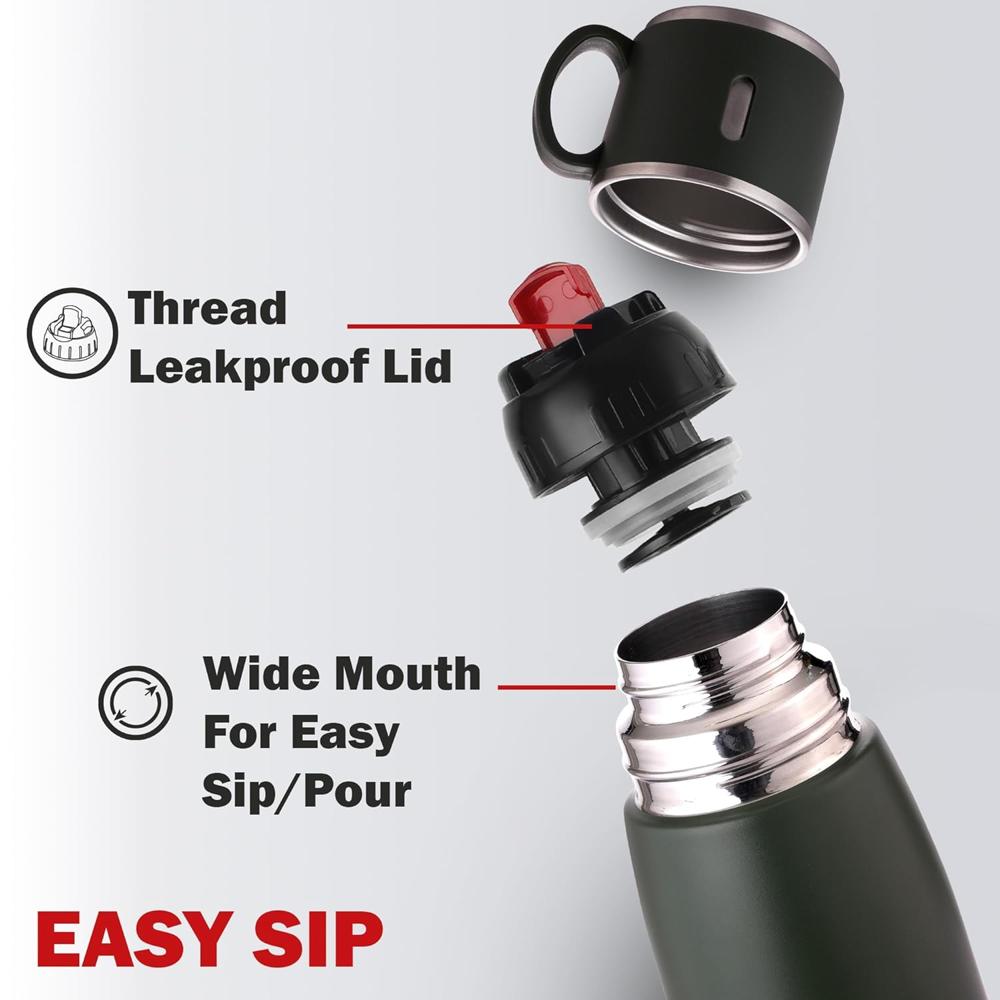CELLO Duro Cup Style Thermosteel Flask, 500ml, Military Green | 24 Hours Hot & Cold Bottle | Dual Purpose Cup & Cap| Flask for tea coffee | Ideal For Office, Gym, Home, Kitchen,Trekking, Travel Bottle