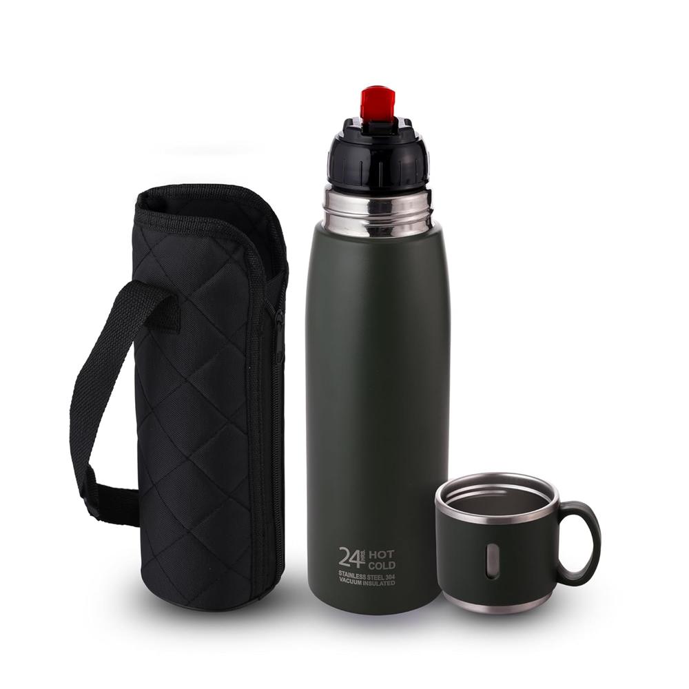 CELLO Duro Cup Style Thermosteel Flask, 750ml, Military Green | 24 Hours Hot & Cold Bottle | Dual Purpose Cup & Cap| Flask for tea coffee | Ideal For Office, Gym, Home, Kitchen,Trekking, Travel Bottle