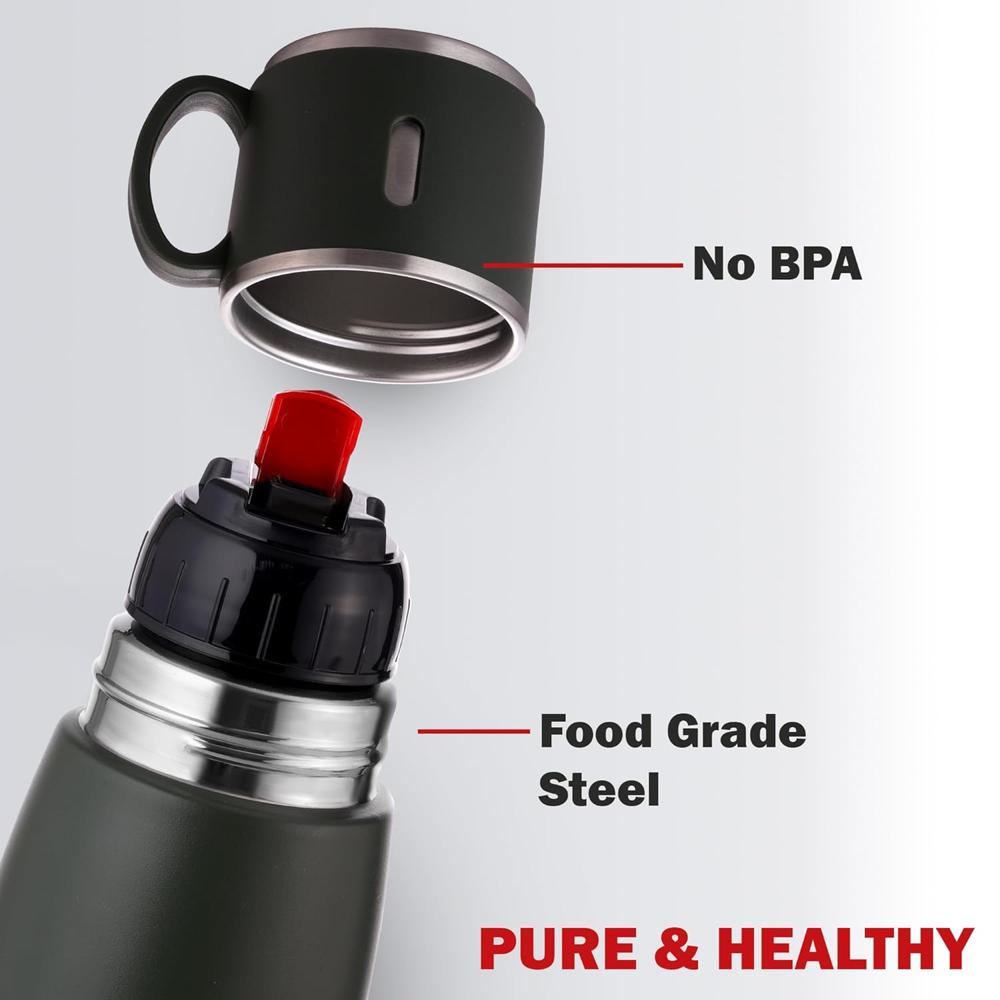 CELLO Duro Cup Style Thermosteel Flask, 750ml, Military Green | 24 Hours Hot & Cold Bottle | Dual Purpose Cup & Cap| Flask for tea coffee | Ideal For Office, Gym, Home, Kitchen,Trekking, Travel Bottle