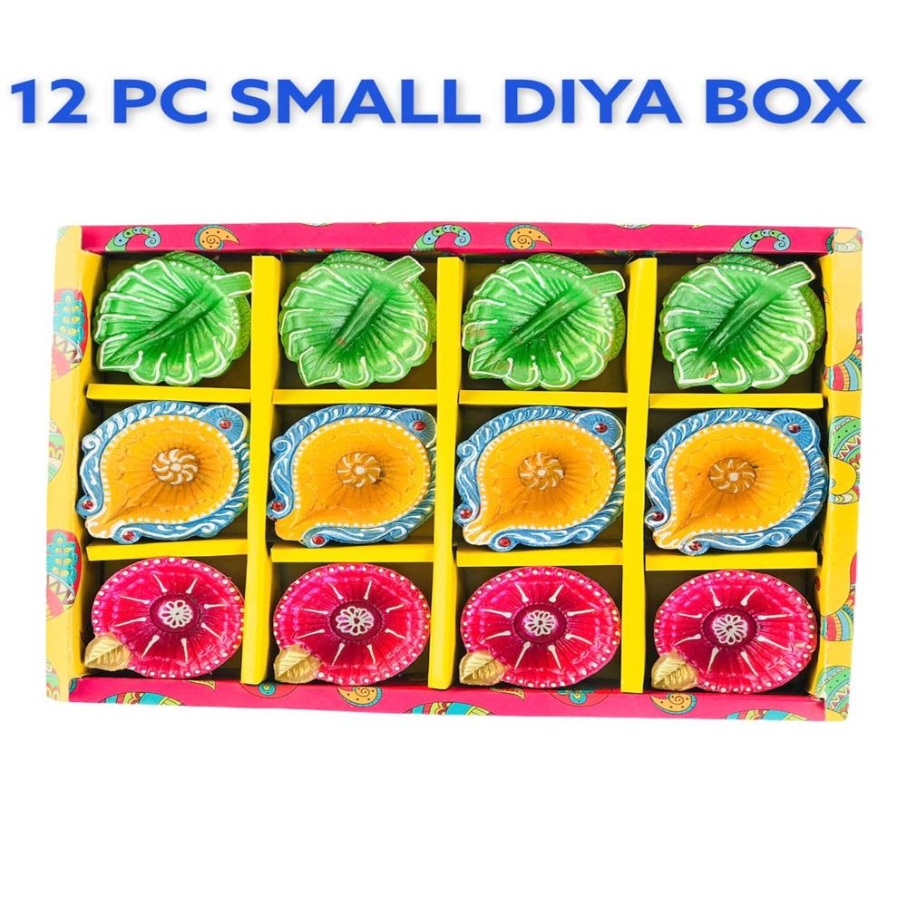 Handmade Clay Diyas - Color: Golden Base With Green Leaves