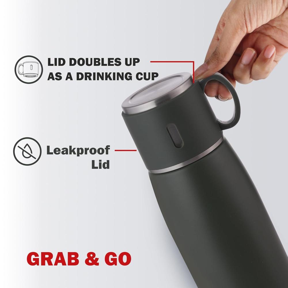 CELLO Duro Cup Style Thermosteel Flask, 1000ml, Military Green | 24 Hours Hot & Cold | Dual Purpose Cup & Cap| Flask for Tea Coffee | Ideal for Office, Gym, Home, Kitchen, Trekking, Travel Bottle