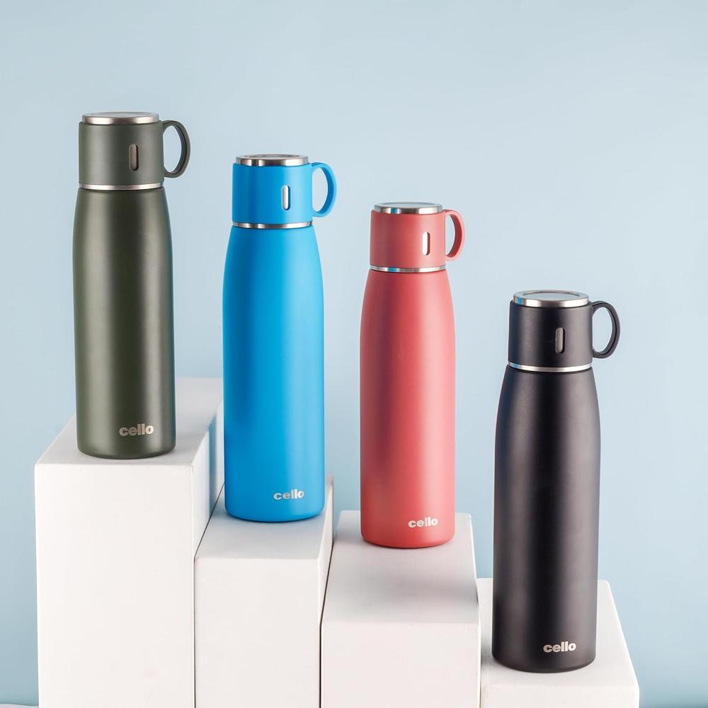 CELLO Duro Cup Style Thermosteel Flask, 1000ml, Military Green | 24 Hours Hot & Cold | Dual Purpose Cup & Cap| Flask for Tea Coffee | Ideal for Office, Gym, Home, Kitchen, Trekking, Travel Bottle
