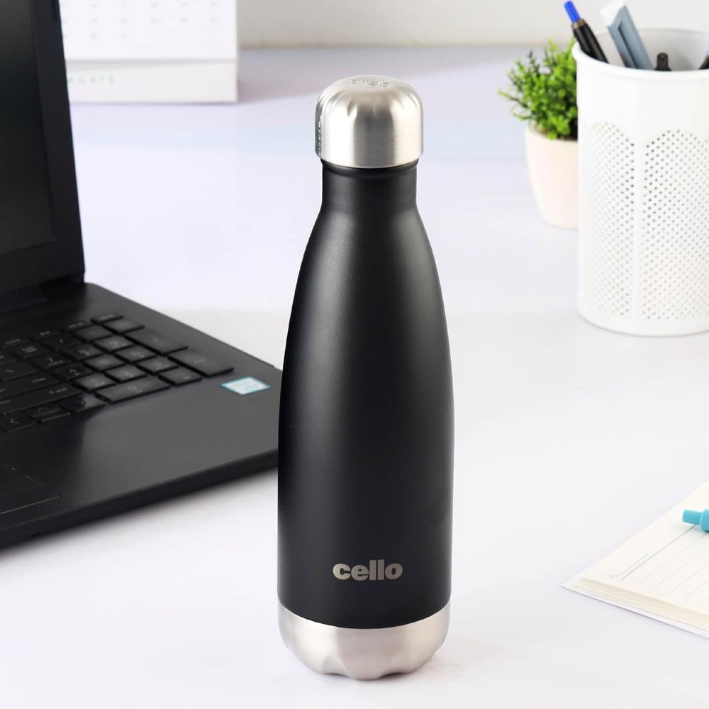 Cello Swift Thermosteel Water Bottle, 350ml, Black | 24 Hours Hot & Cold | Scratch Resistant (DTP Coating) | Rust & Leak Proof | Ideal for Office, Gym, Home, Kitchen, Hiking, Trekking, Travel Bottle