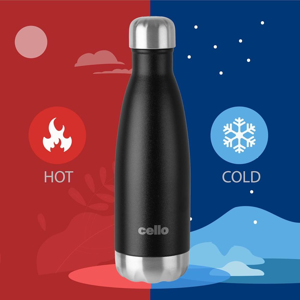 Cello Swift Thermosteel Water Bottle, 350ml, Black | 24 Hours Hot & Cold | Scratch Resistant (DTP Coating) | Rust & Leak Proof | Ideal for Office, Gym, Home, Kitchen, Hiking, Trekking, Travel Bottle
