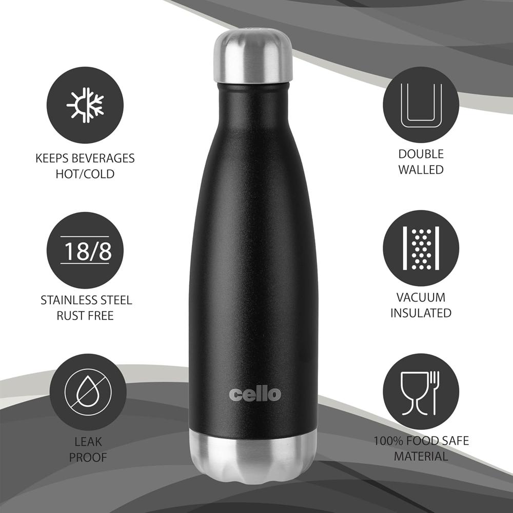 Cello Swift Thermosteel Water Bottle, 1000ml, Black | 24 Hours Hot & Cold | Scratch Resistant (DTP Coating) | Rust & Leak Proof | Ideal for Office, Gym, Home, Kitchen, Hiking, Trekking, Travel Bottle