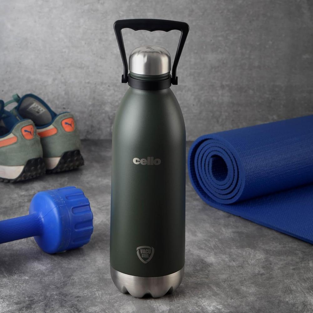 CELLO Swift Insulated Stainless Steel Flask Water Bottle with Handle For Daily Use 2200 ml Green | ISI Certified Double Wall Vacuum Insulated 24 Hours Hot & Cold Thermos Water Bottle For Picnic Travel