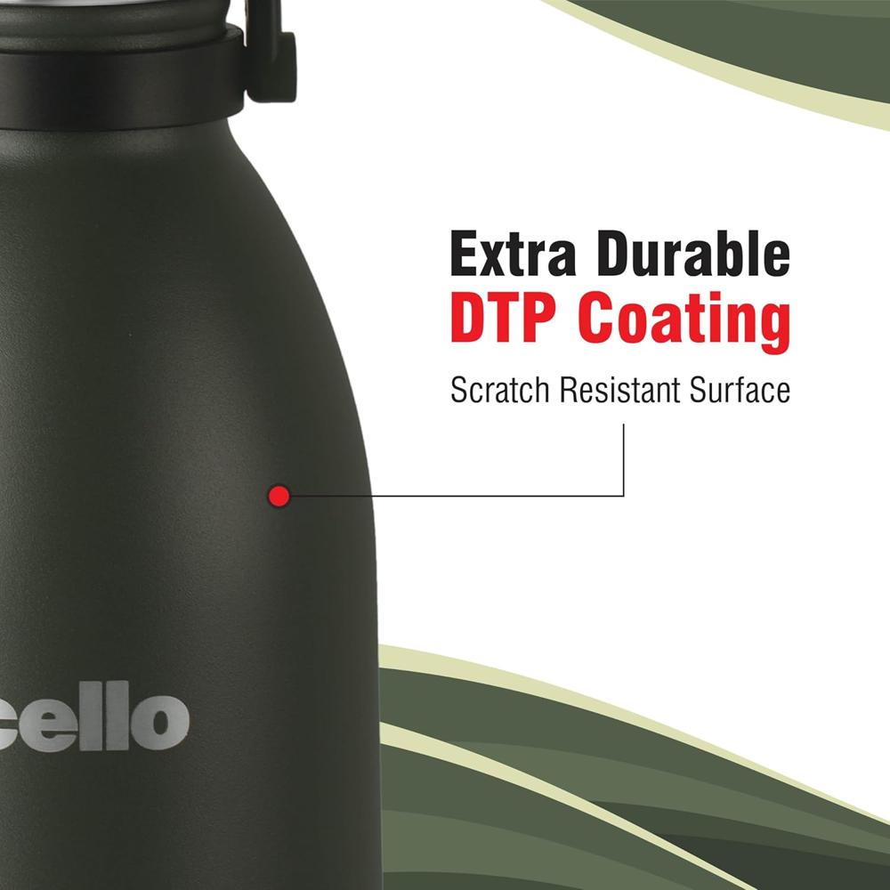 CELLO Swift Insulated Stainless Steel Flask Water Bottle with Handle For Daily Use 2200 ml Green | ISI Certified Double Wall Vacuum Insulated 24 Hours Hot & Cold Thermos Water Bottle For Picnic Travel