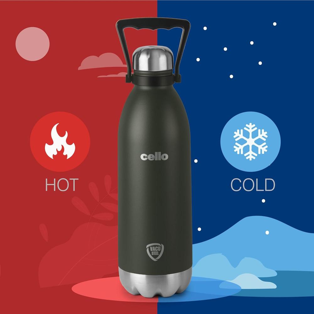 CELLO Swift Insulated Stainless Steel Flask Water Bottle with Handle For Daily Use 2200 ml Green | ISI Certified Double Wall Vacuum Insulated 24 Hours Hot & Cold Thermos Water Bottle For Picnic Travel