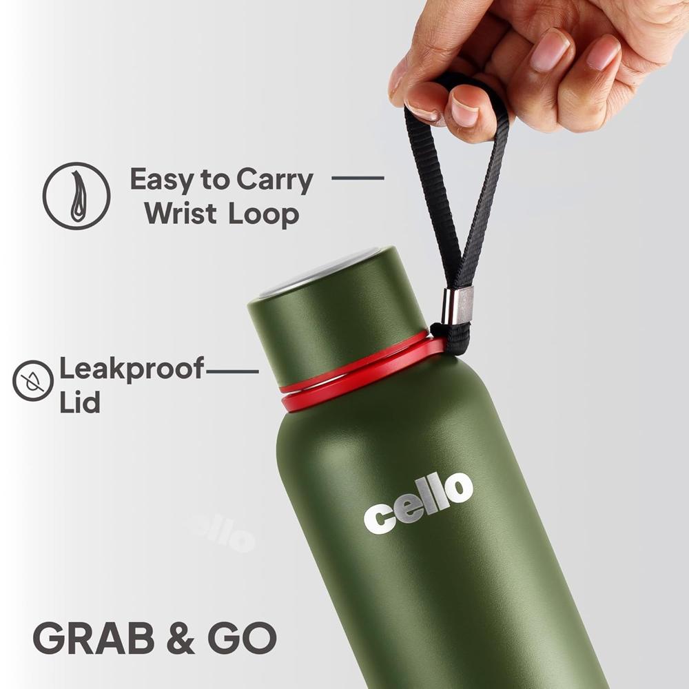 CELLO Duro Kent Insulated Stainless Steel Flask Water Bottle for Daily Use 550 ml, Military Green | Double Wall Vacuum Insulated 24 Hours Hot & Cold Thermos Water Bottle for Office, School & Travel