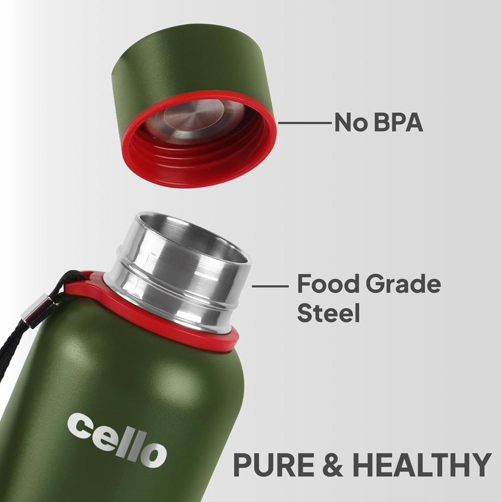 CELLO Duro Kent Insulated Stainless Steel Flask Water Bottle for Daily Use 550 ml, Military Green | Double Wall Vacuum Insulated 24 Hours Hot & Cold Thermos Water Bottle for Office, School & Travel