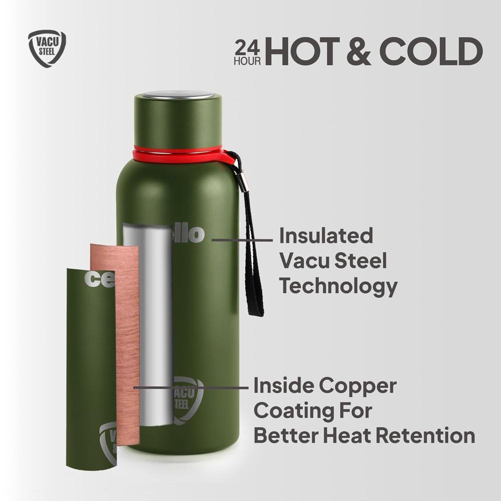 CELLO Duro Kent Insulated Stainless Steel Flask Water Bottle for Daily Use 550 ml, Military Green | Double Wall Vacuum Insulated 24 Hours Hot & Cold Thermos Water Bottle for Office, School & Travel
