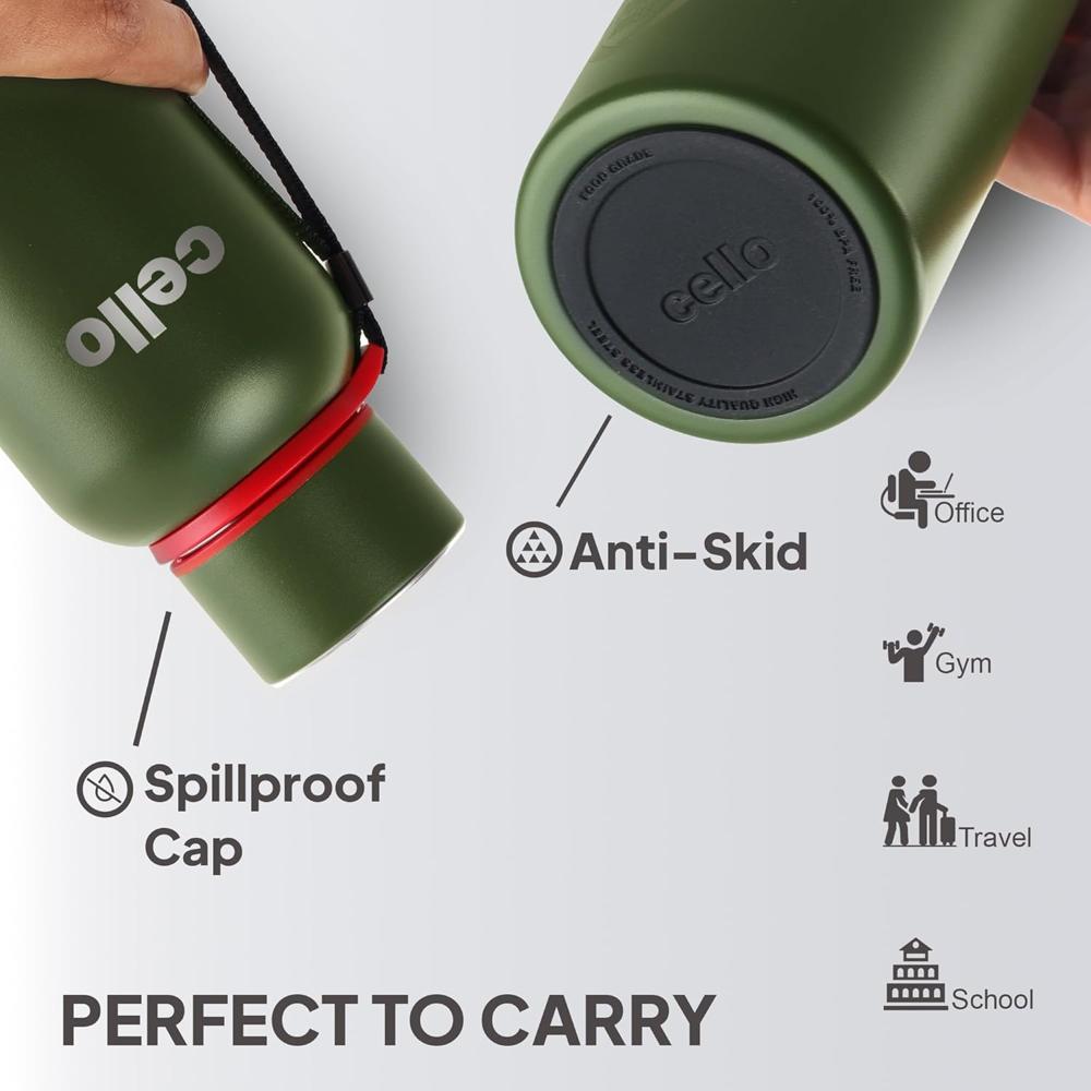 CELLO Duro Kent Insulated Stainless Steel Flask Water Bottle for Daily Use 550 ml, Military Green | Double Wall Vacuum Insulated 24 Hours Hot & Cold Thermos Water Bottle for Office, School & Travel