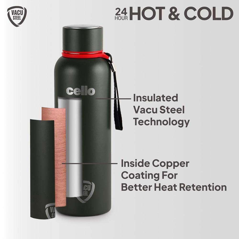 CELLO Duro Kent Insulated Stainless Steel Flask Water Bottle For Daily Use 750 ml, Military Green | Double Wall Vacuum Insulated 24 Hours Hot & Cold Thermos Water Bottle For Office School Gym & Travel