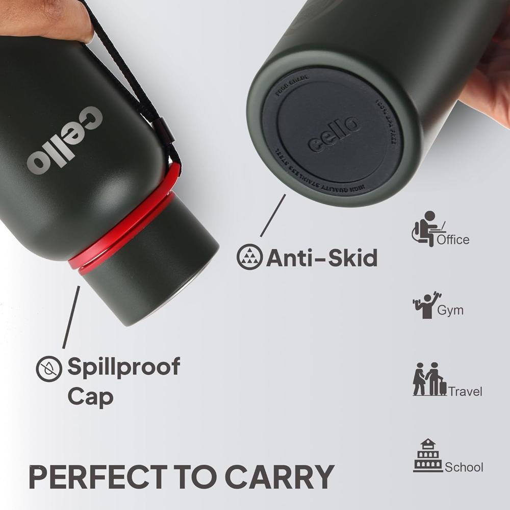 CELLO Duro Kent Insulated Stainless Steel Flask Water Bottle For Daily Use 900 ml, Military Green | Double Wall Vacuum Insulated 24 Hours Hot & Cold Thermos Water Bottle For Office School Gym & Travel