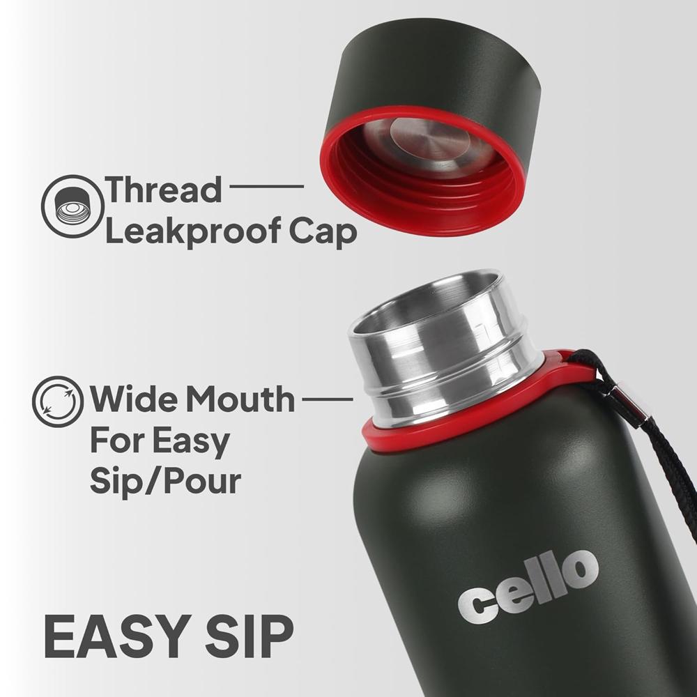 CELLO Duro Kent Insulated Stainless Steel Flask Water Bottle For Daily Use 900 ml, Military Green | Double Wall Vacuum Insulated 24 Hours Hot & Cold Thermos Water Bottle For Office School Gym & Travel