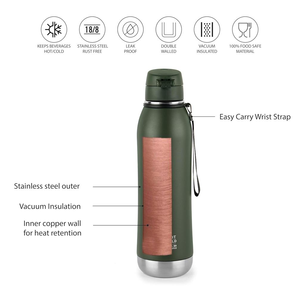 Cello Duro Ace Steel Vacuum Insulated Flask 900ml, Green | Hot and Cold Thermal Flask with Screw Lid | Double Walled Scratch Resistant DTP Coating Flask | Stainless Steel Thermos
