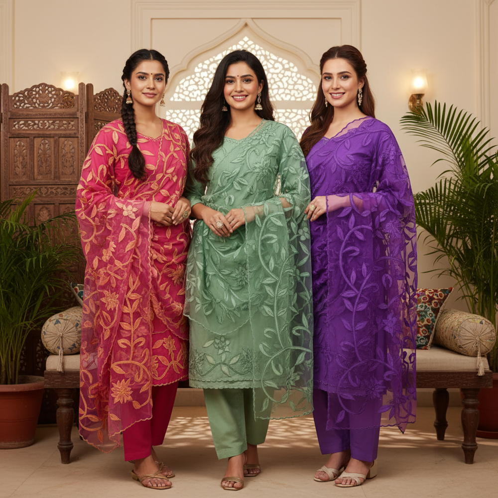 Cotton applique work Ladies unsticthed suits