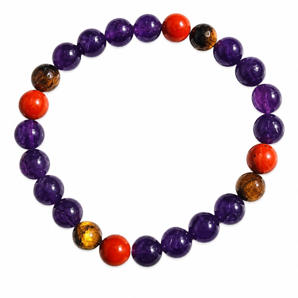 8 MM Victory Mind Bracelet - Handmade Amethyst Tiger Eye Red Jasper Beads, Elastic Stretch Band, Multicolored