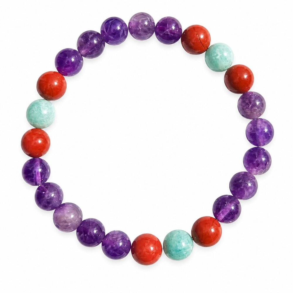 8 MM Peace And Strength Bracelet - Natural Amethyst, Turquoise, Red Jasper Beads, Stretchable Elastic Cord | Handmade, Unisex, Chakra Balancing, Stress Relief