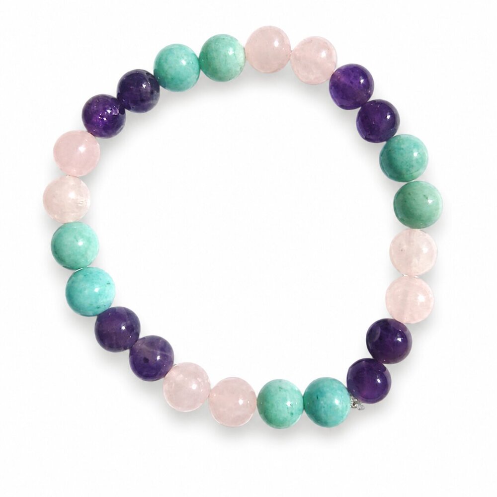 8 MM Love Harmony Bracelet - Natural Amethyst Rose Quartz Amazonite, Stretch Elastic, Handmade, Chakra Healing, Unisex