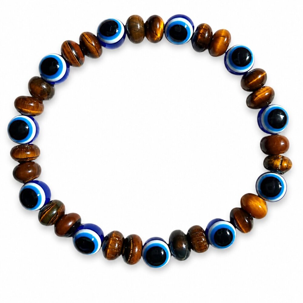 8 MM Tiger Protection Evil Eye Bracelet - Tiger Eye Stone & Glass Beads, 8 mm, Brown and Blue/White/Black, Stretchable Slip-On, Unisex Protection and Style