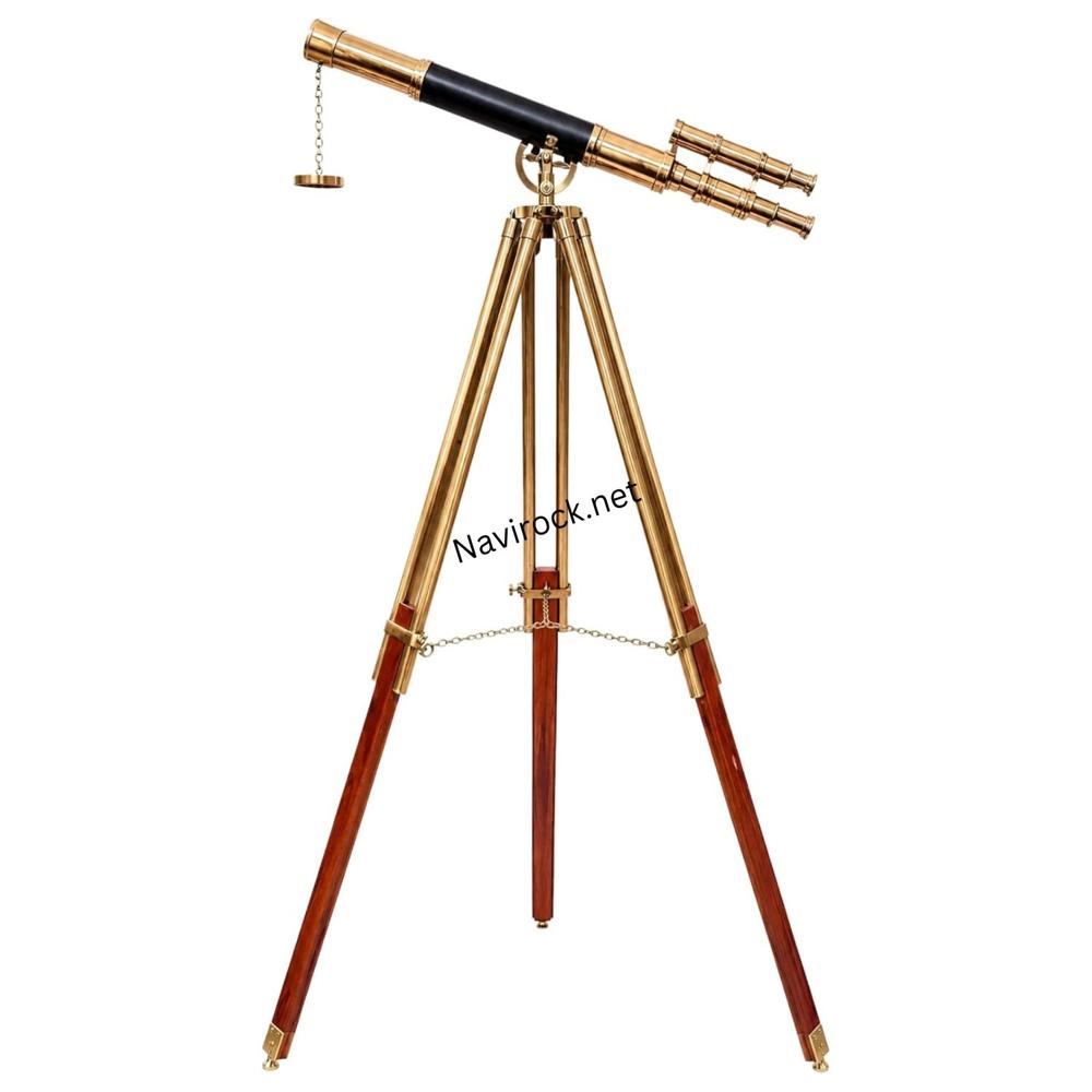 Vintage Leather-Wrapped Brass Telescope with Adjustable Wooden Tripod  Maritime Decor & Functional Viewing