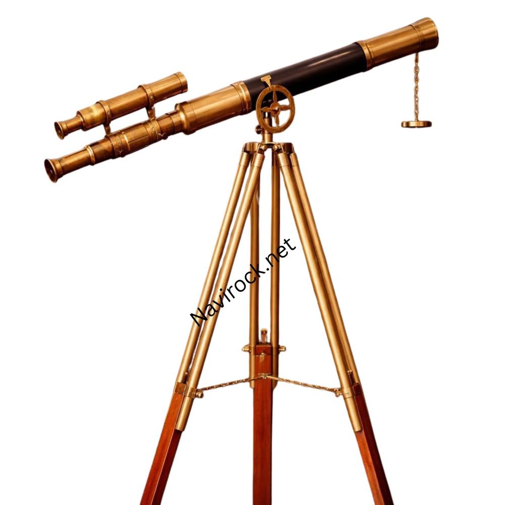 Vintage Leather-Wrapped Brass Telescope with Adjustable Wooden Tripod  Maritime Decor & Functional Viewing