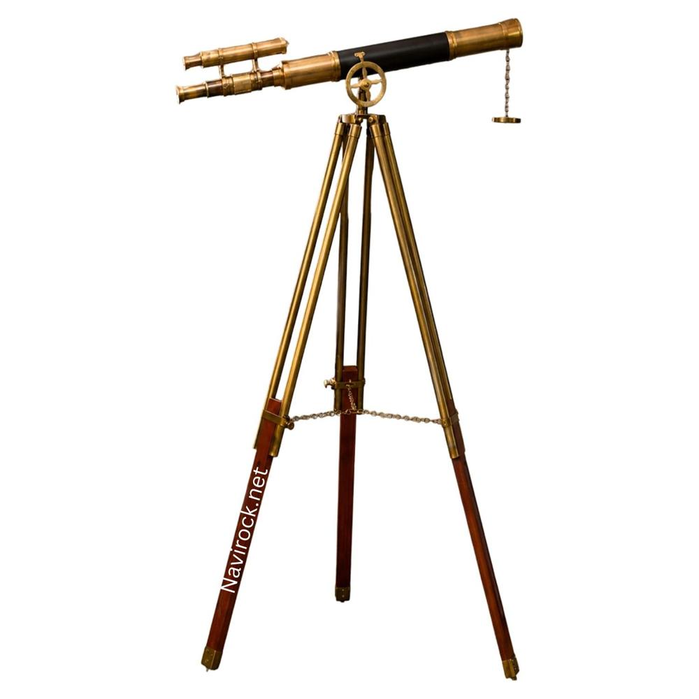 Vintage Leather-Wrapped Brass Telescope with Adjustable Wooden Tripod  Maritime Decor & Functional Viewing