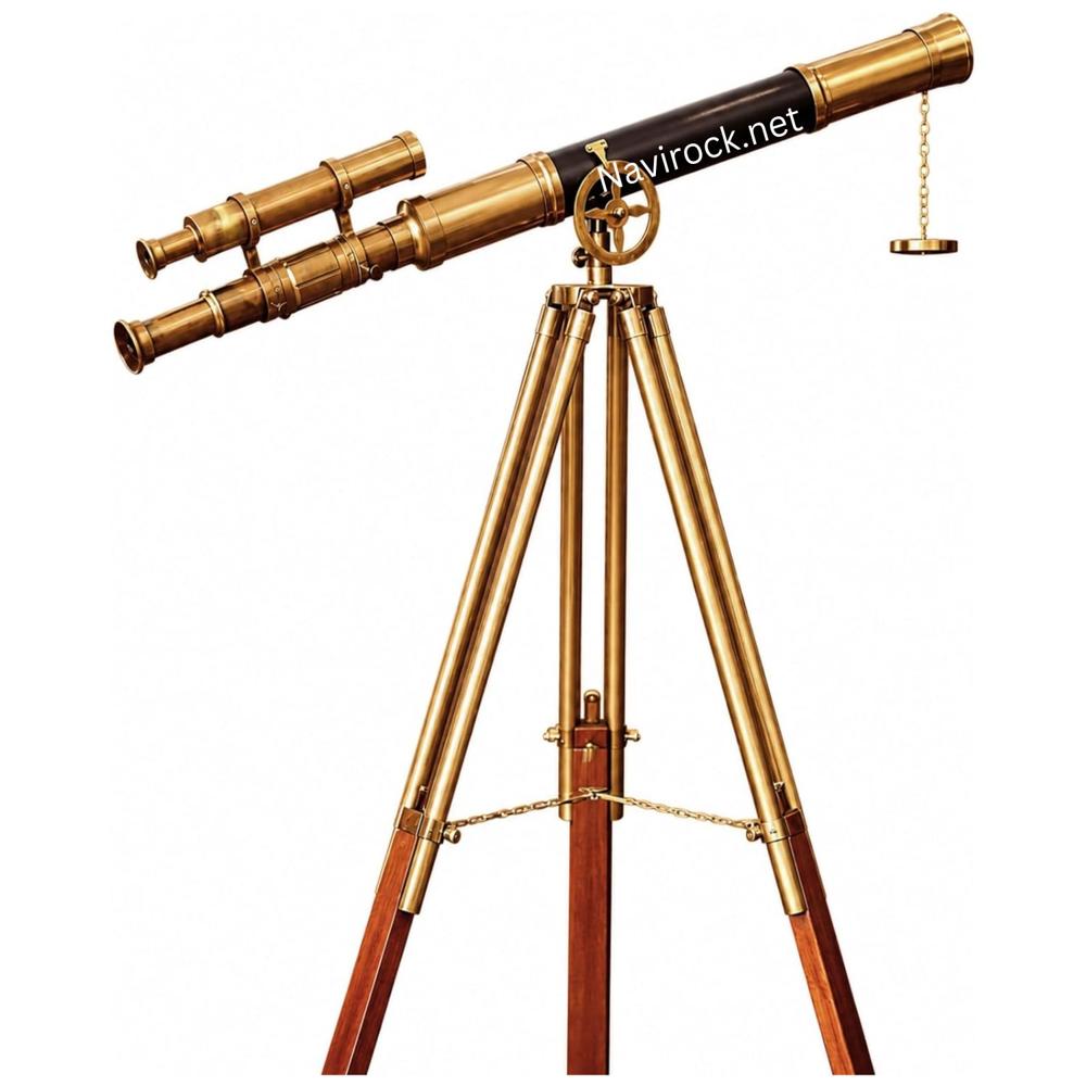 Vintage Leather-Wrapped Brass Telescope with Adjustable Wooden Tripod  Maritime Decor & Functional Viewing