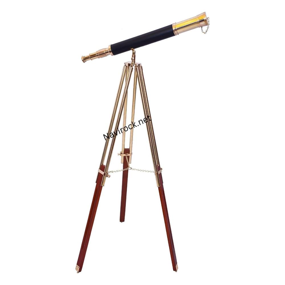 Vintage Shiny Brass Floor Standing Telescope  Black Leather Single Barrel on Wooden Tripod Nautical Decor